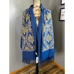 Jessica McClintock Blue Gold Metallic Embroidered Fringe Wrap Shawl Pashmina NEW